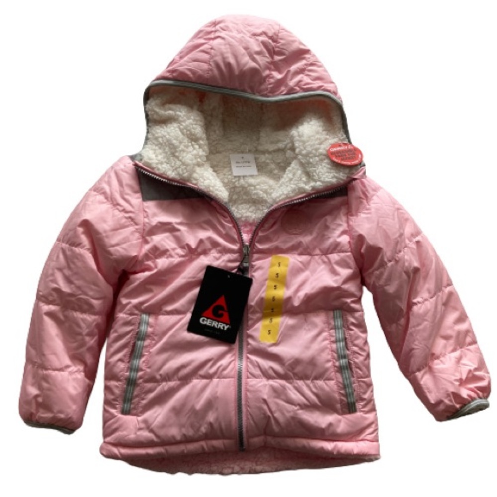 Gerry Kids Reversible Faux Fur Hooded Jacket Girls Size 5 Pink/Cream NWT